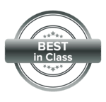 Silver badge with Best in Class text in the center, surrounded by stars, symbolizing top quality achievement.