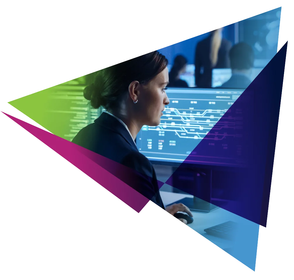 Woman at computer with data on screen, in geometric design. Technology, data analysis, and modern workplace theme.