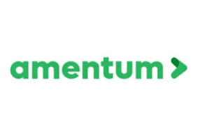 Amentum logo featuring green text and a forward-pointing arrow design, conveying progress and innovation.