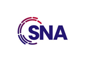 Logo with the text SNA surrounded by a circular, segmented red and purple design, on a white background.
