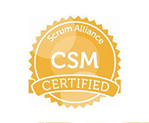 Scrum Alliance CSM Certified badge in orange and white with a scalloped edge design.