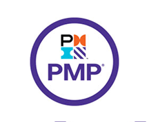 PMP certification logo with colored shapes in a purple circle, representing project management credentials.
