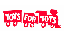 Red Toys for Tots logo designed as a train on a white background, supporting children's toy donation program.