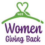 Logo of Women Giving Back with a green clothes hanger shaped like a heart and purple text.
