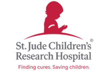 Logo of St. Jude Children's Research Hospital with tagline Finding cures. Saving children. in red and black text.