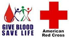Give Blood Save Life logo with American Red Cross emblem, promoting blood donation and community support.