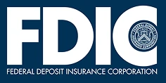 FDIC logo with text Federal Deposit Insurance Corporation and official seal on a dark blue background.