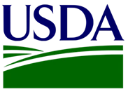 USDA logo with blue letters and green landscape design below.