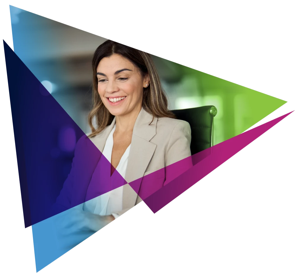 Smiling businesswoman in an office setting with colorful geometric overlay.
