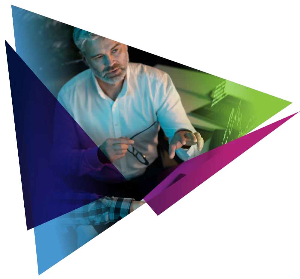 Man discussing data insights, holding glasses, vibrant abstract overlay adds dynamic effect.