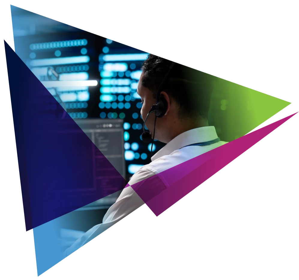 IT support specialist working with headset, surrounded by data servers and tech interface.