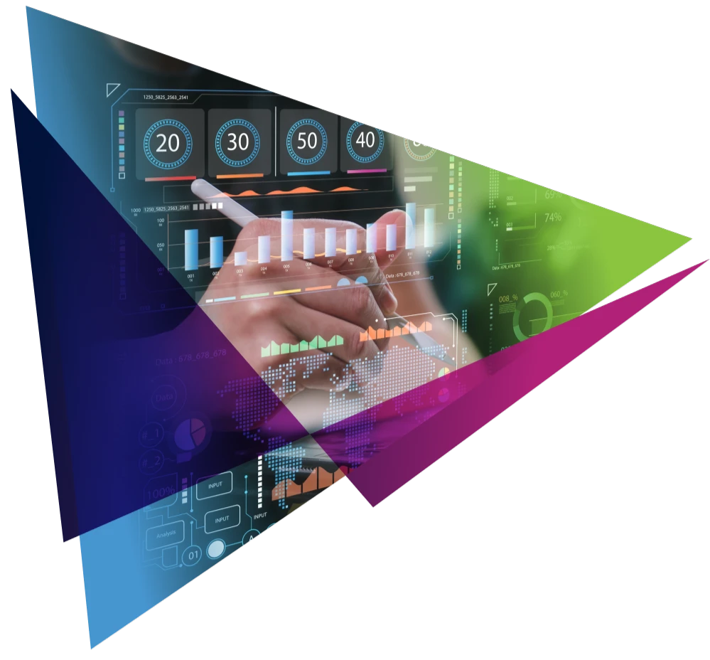 Digital dashboard with analytics and data visualization charts in vibrant colors.