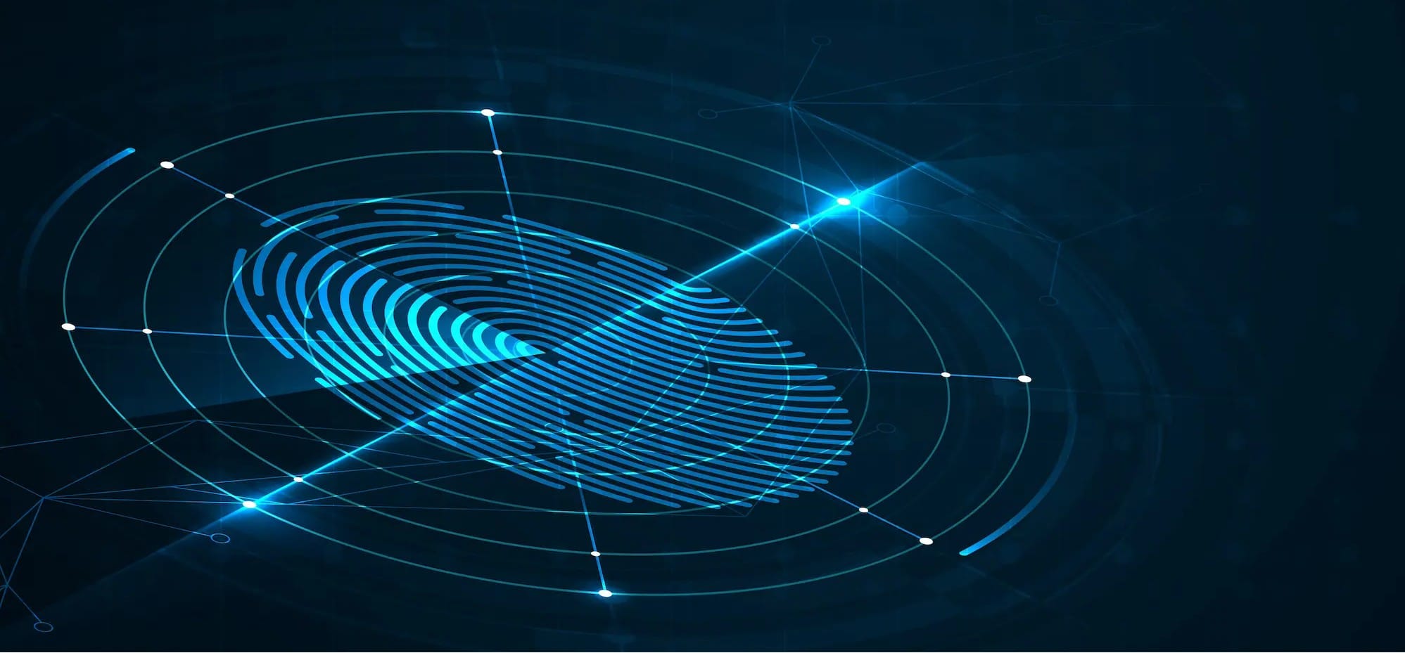 Futuristic digital fingerprint scan interface on dark blue background with glowing circles and lines.
