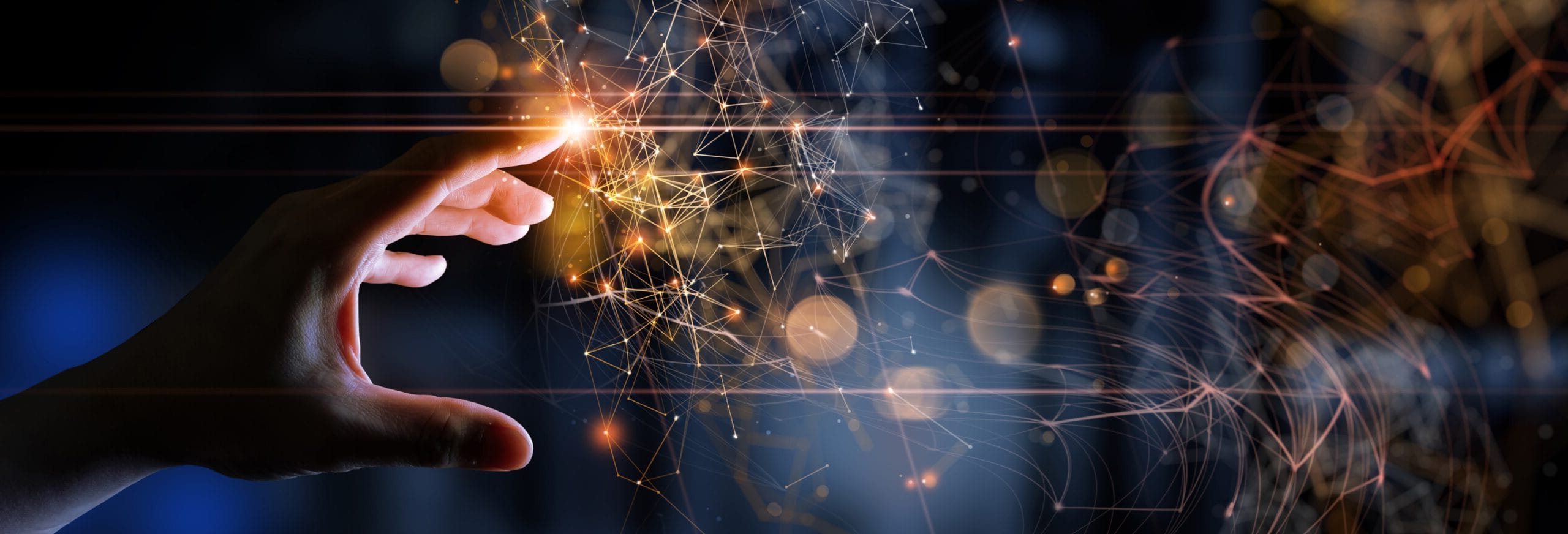 Hand interacting with glowing digital network, representing technology and connectivity concepts.